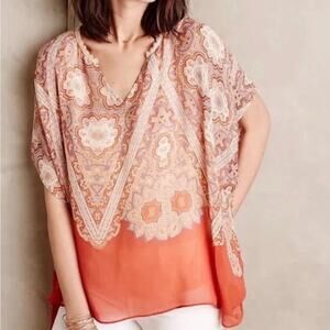 Anthropologie Maeve Silk Layered Poncho Top Size Medium Boho Flowy Floral